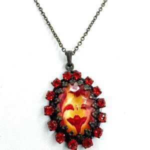 Konplatt By Miranda Ko Red Floral Gothic Oval Pendant Necklace Red Rhinestone